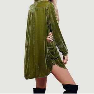 R Vivimos Velvet Shirt Dress Long Sleeve Pockets Fairycore Small Loose Fit Green